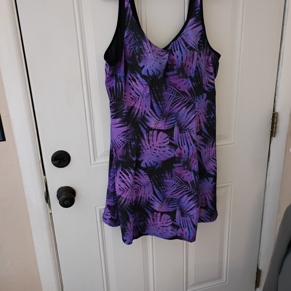 Roaman's Vibrant Purple and Black Leaf One Piece Swimsuit